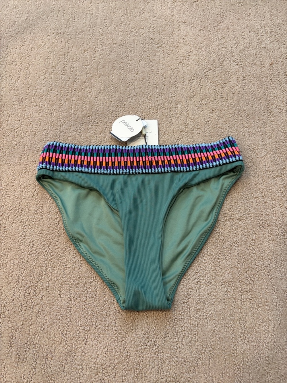 Peixoto Green Ribbed Bikini Bottom with Multicolor Braided Waist size Medium